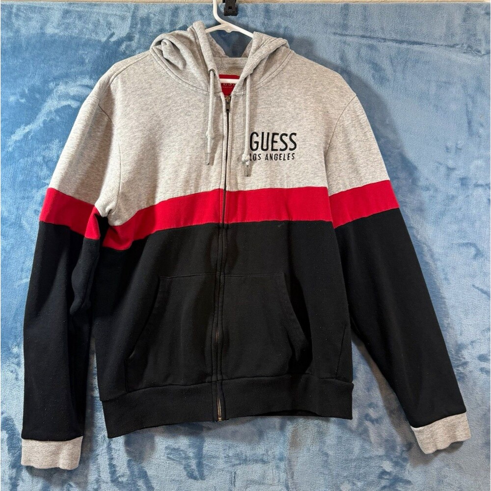 GUESS Los Angeles Men L Colorblock Full Zip Hoodie Gray Red Black Sweatshirt Y2K